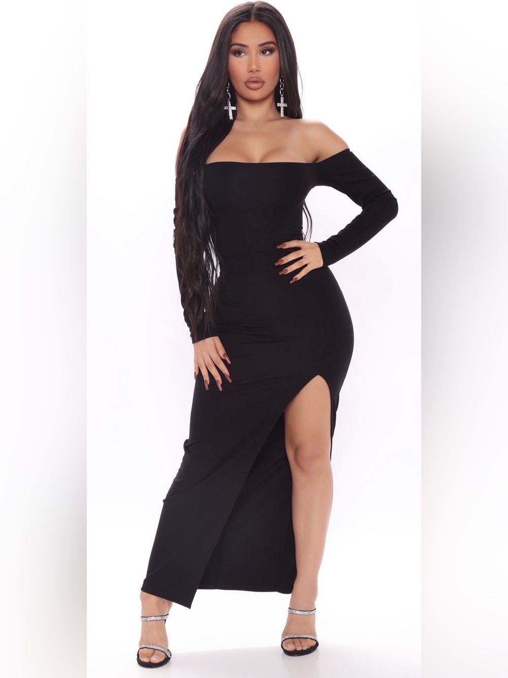Fashion Nova Off-Shoulder Black Maxi Dress with Thigh Slit